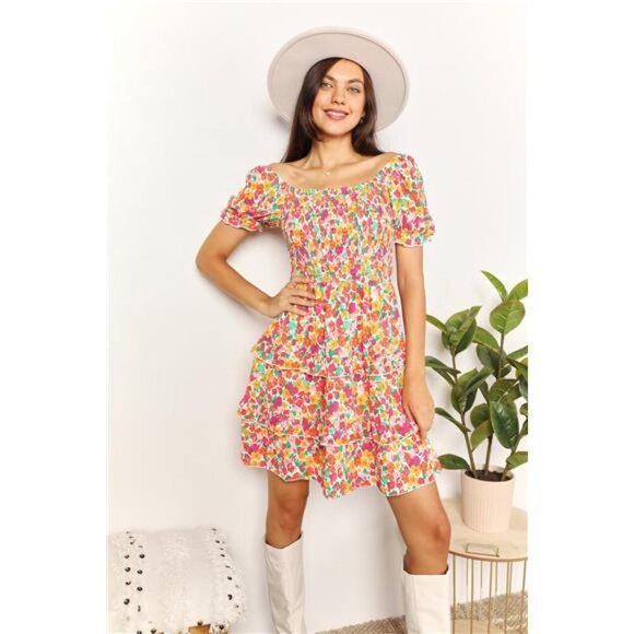 Devine Smocked Sweetheart Neck Flounce Sleeve Mini Dress - Picture 1 of 13